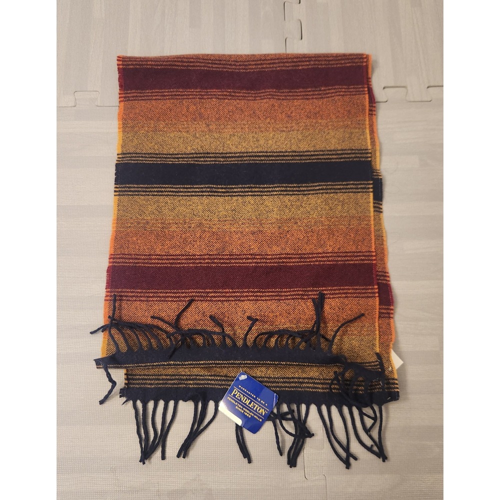 Pendleton Wool Scarf Made in USA Striped Fringe Sunset Orange Burgundy Navy